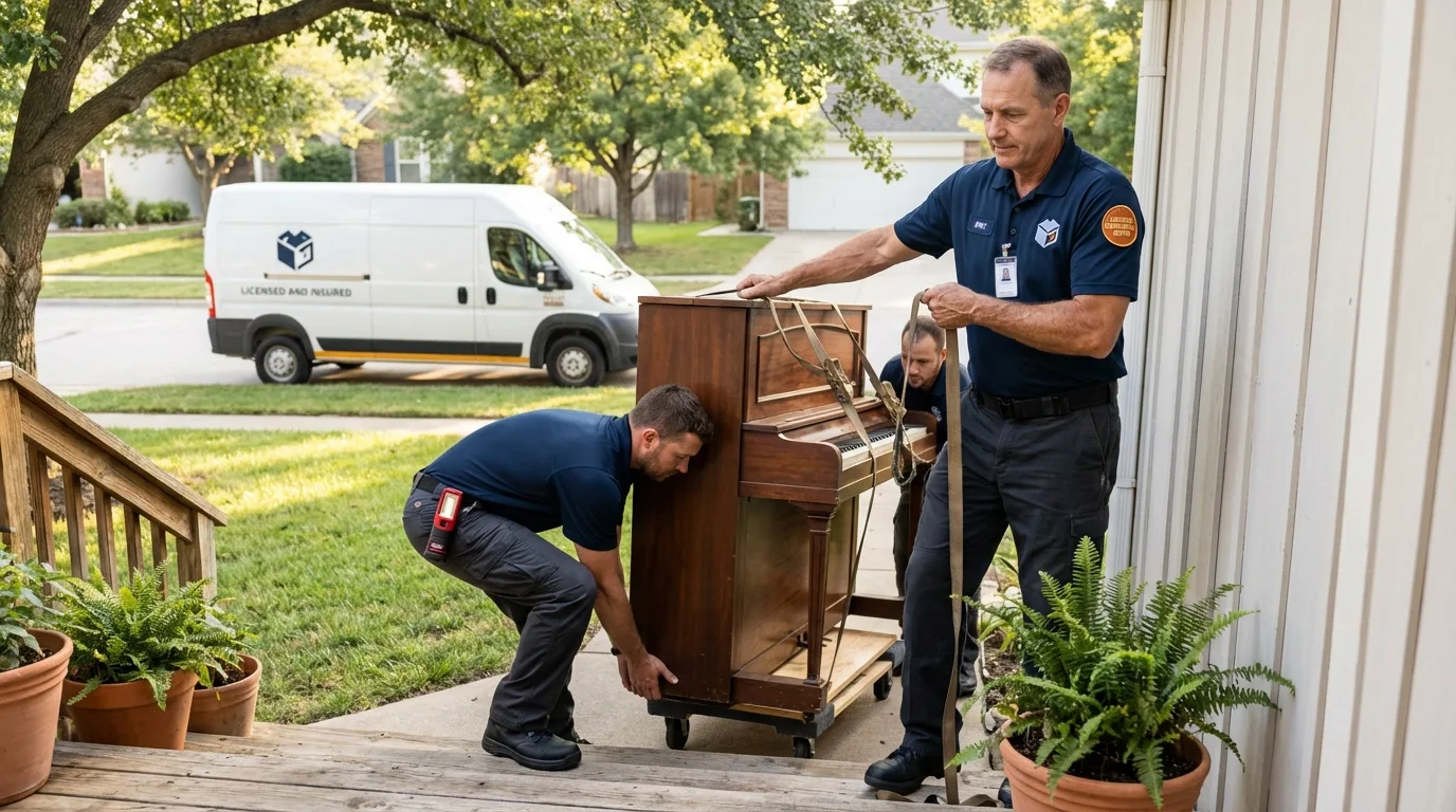 Licensed piano movers securing grand piano in Santa Maria, CA