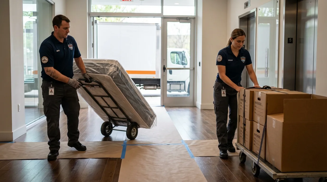 Professional apartment movers loading elevator in Santa Maria, CA